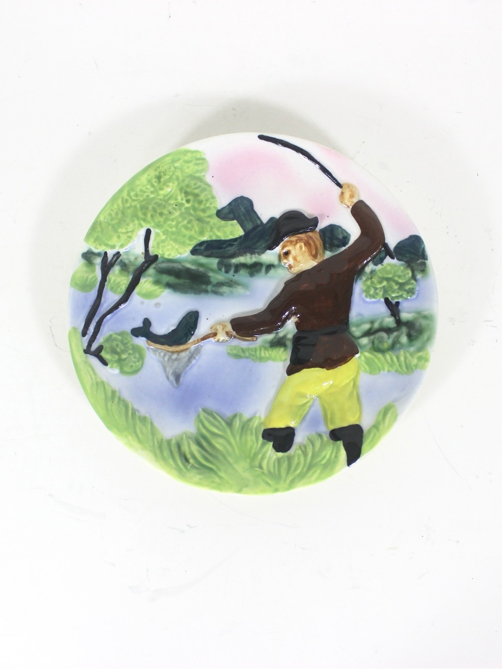 Vintage Hand Painted Ceramic Wall Hanging Fishing Plate Folk Art